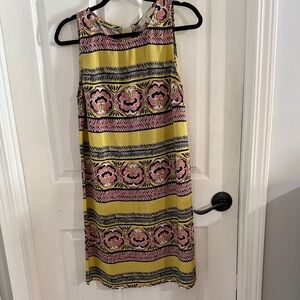 LOFT Yellow Midi Dress with Pink Floral Stripe Pattern